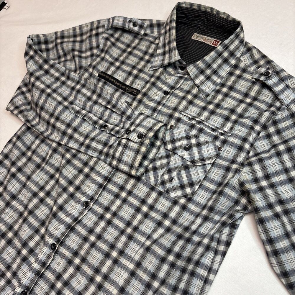 Sovereign Code Ellis Mens XL Plaid Shirt roll Tab Sleeve Utility Zip Pocket